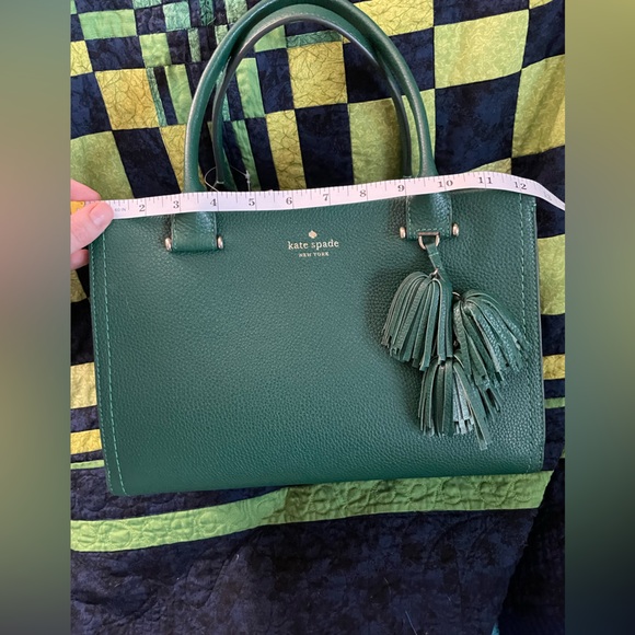 Kate Spade NWT Emerald Green Leather Palmer Drive Satchel Bag w/ Fringe Pom Poms - Picture 4 of 6